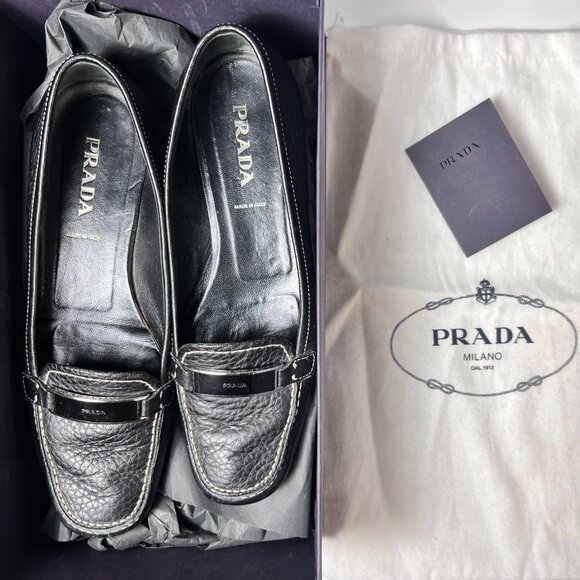 Vintage Prada Daino Black Loafers with White Stitching Women 7.5 Made in Italy - Picture 9 of 11